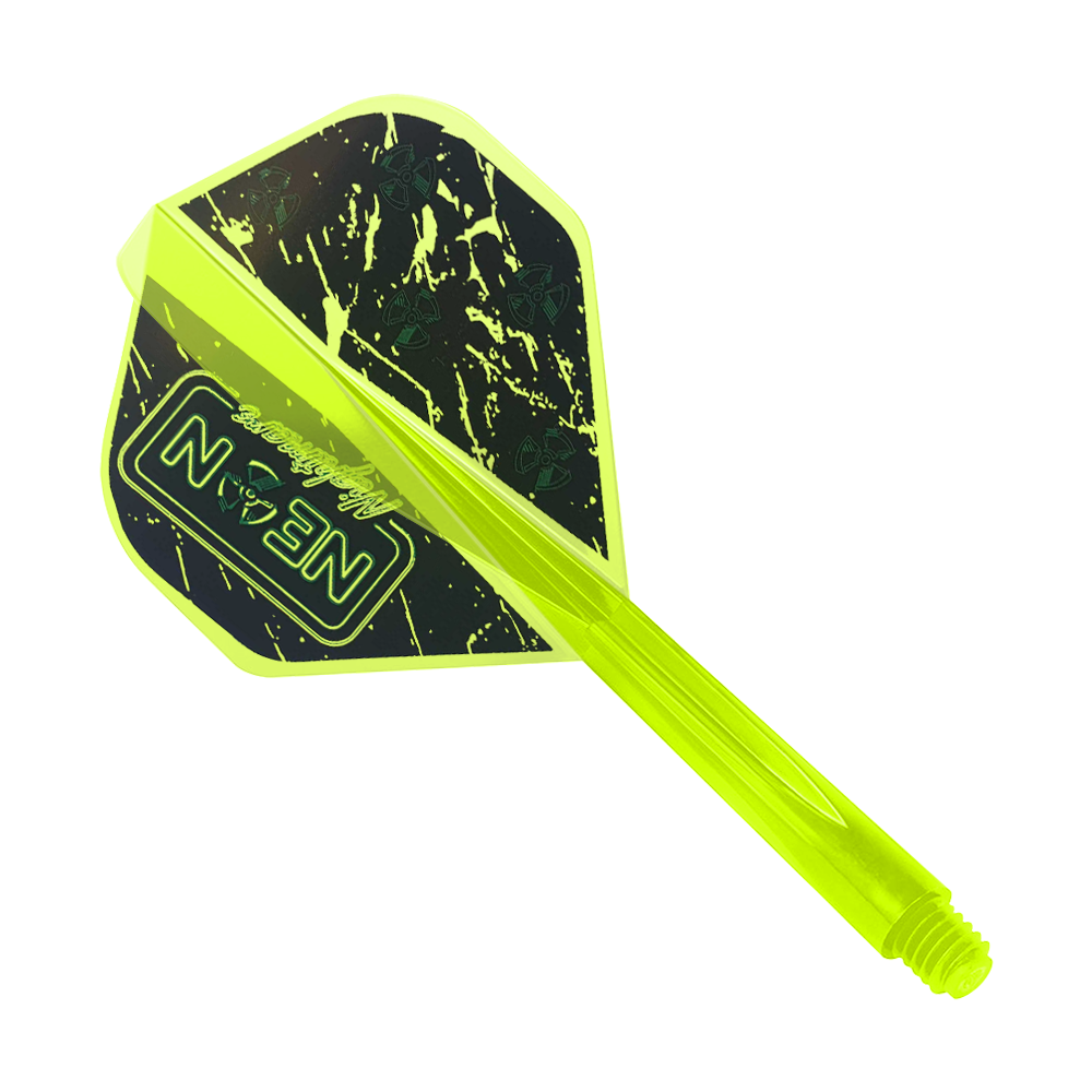 Dieses Bild zeigt das Produkt "Condor AXE Stowe Buntz Neon Nightmare Flight-System Gelb - Standard". Es handelt sich um ein neon-gelbes Dart-Flight-System mit schwarzem und gelbem Muster.